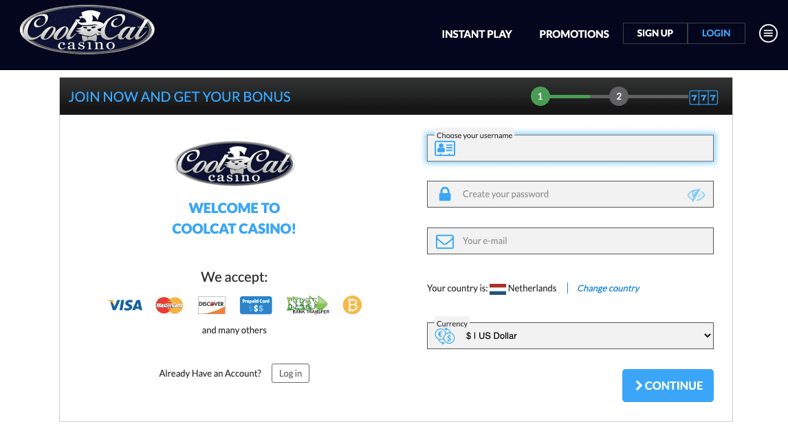 CoolCat login and registration - step 1